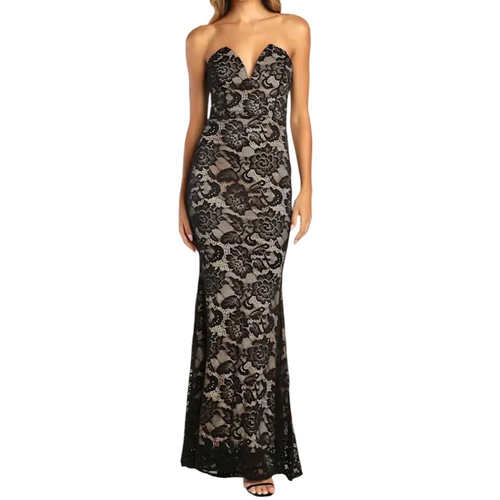 NWT Lulus Sexy Sophistication Black Lace Strapless Trumpet Maxi Dress S Bodycon